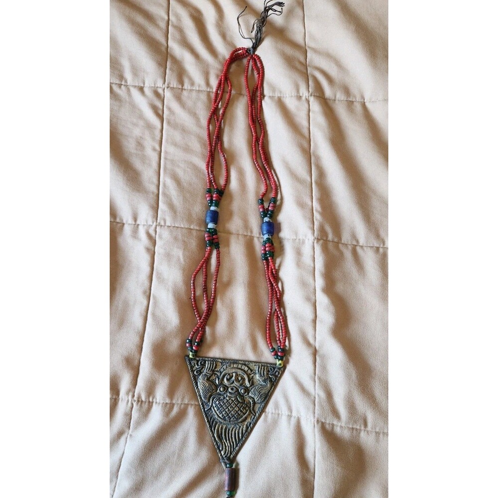 Vintage Naga Tribal Brass Mask Necklace Multi-Strand Red Coral Blue Trade Bead